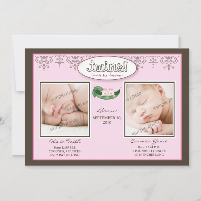 Faire-part de naissance Darling 5x7 Twin GIRLS (ro (Devant)