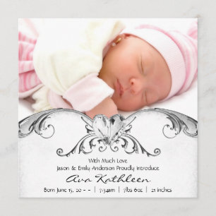 Faire-part de naissance de bébé fille blanc argent