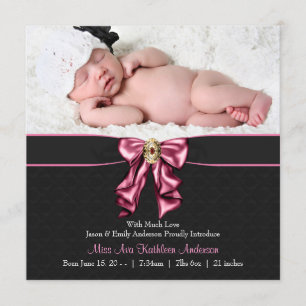Faire-part de naissance de bébé fille rose et noir