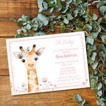 Faire-part de naissance de bébé girafe, fille rose