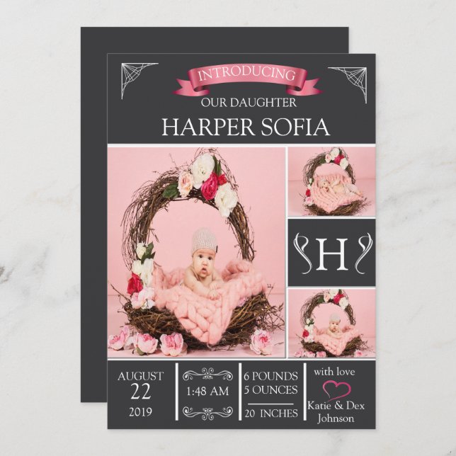 Faire-part de naissance de bébé tout simple (Devant / Derrière)