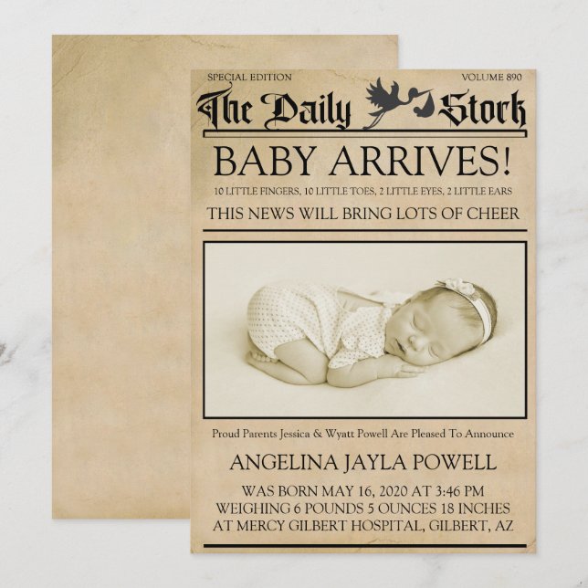 Faire-part de naissance de bulletin de style vinta (Devant / Derrière)