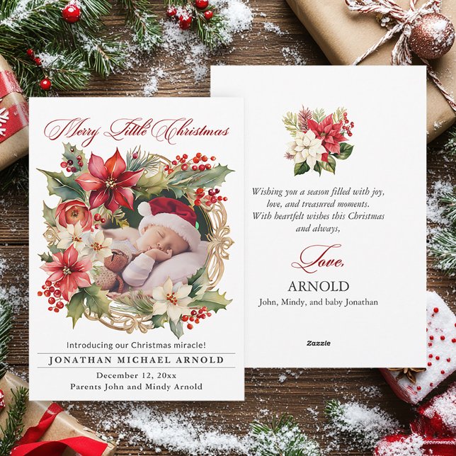 Faire-part de naissance de Noël Poinsettia Photo (Elegant poinsettias baby birth announcement Christmas greeting card)