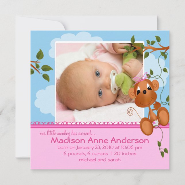 Faire-part de naissance de petite fille singe bébé (Devant)