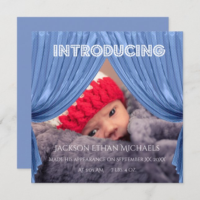 Faire-part de naissance d'entrée de rideau bleu (Devant / Derrière)