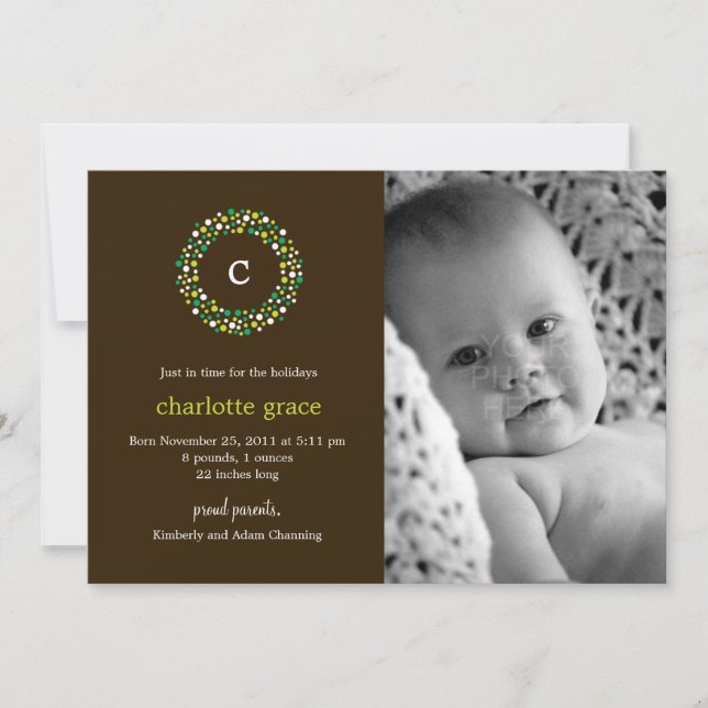 Faire-part de naissance d'hiver de Wreath Monogram (Devant)