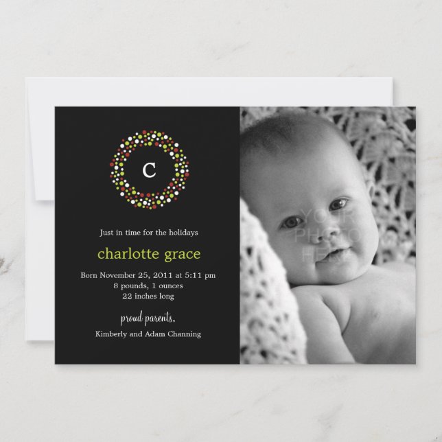 Faire-part de naissance d'hiver Monogramme Wreath (Devant)