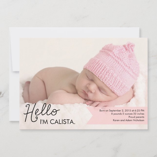 Faire-part de naissance d'introduction chic - rose (Devant)