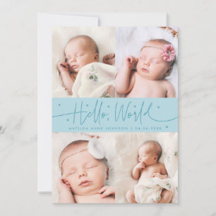 Faire-part de naissance écriture Hello World Turqu