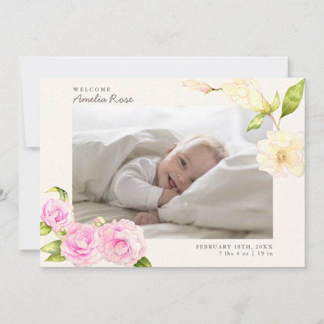 Faire-part de naissance floral d'aquarelle rose (Devant)