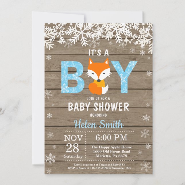 Faire-part de naissance garçon Rustic Fox Winter (Devant)