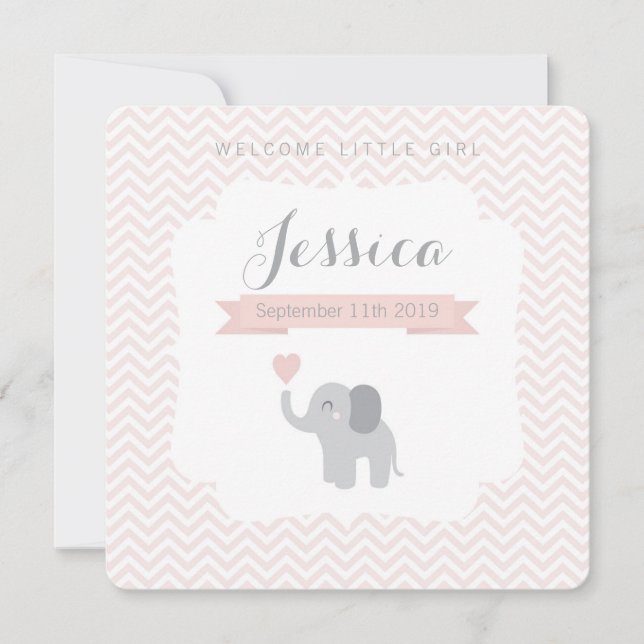 Faire-part de naissance Girl Elephant Chevron Cute (Devant)