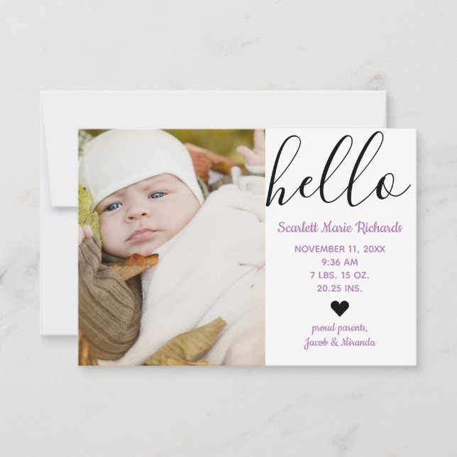 Faire-part de naissance Hello Script Photo Purple  (Devant)
