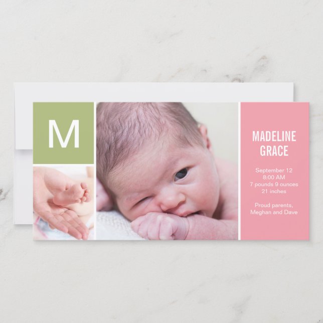 Faire-part de naissance initiale du bébé - rose (Devant)