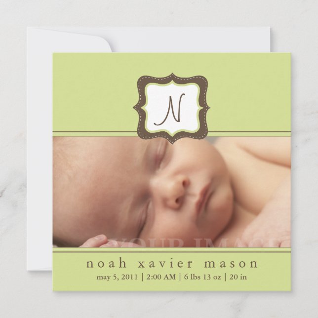 Faire-part de naissance initiale verte (Devant)