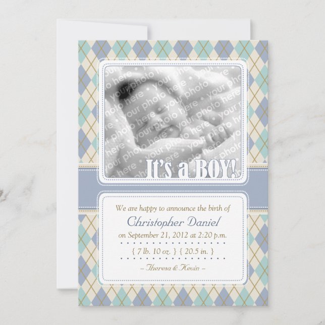 Faire-part de naissance Jacquard (bleu et aqua) (Devant)