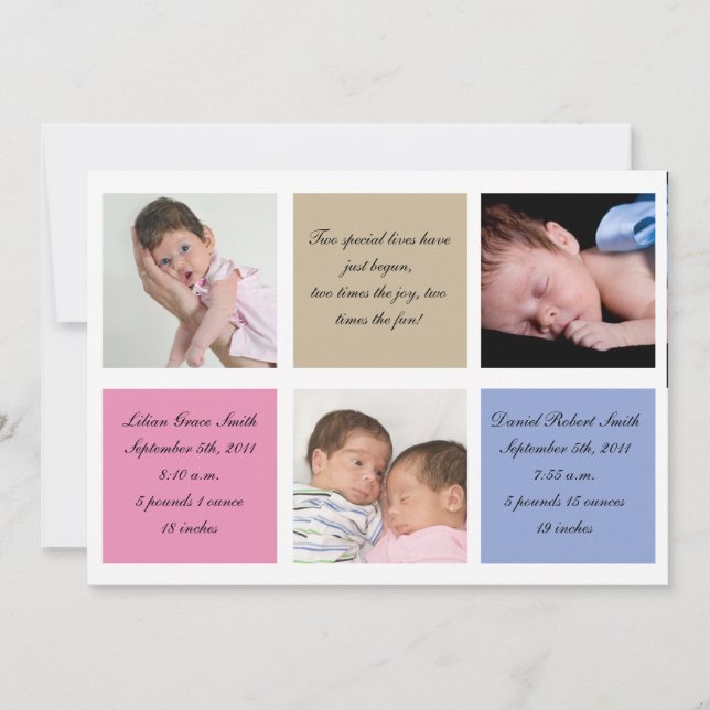 Faire-part de naissance jumeaux - Fille et garçon (Devant)