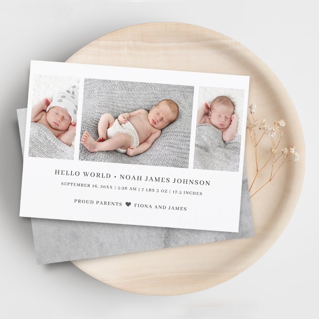 Faire-part de naissance moderne 3 Photos Carte Col (Modern Birth Announcement 3 Photos Collage Card)
