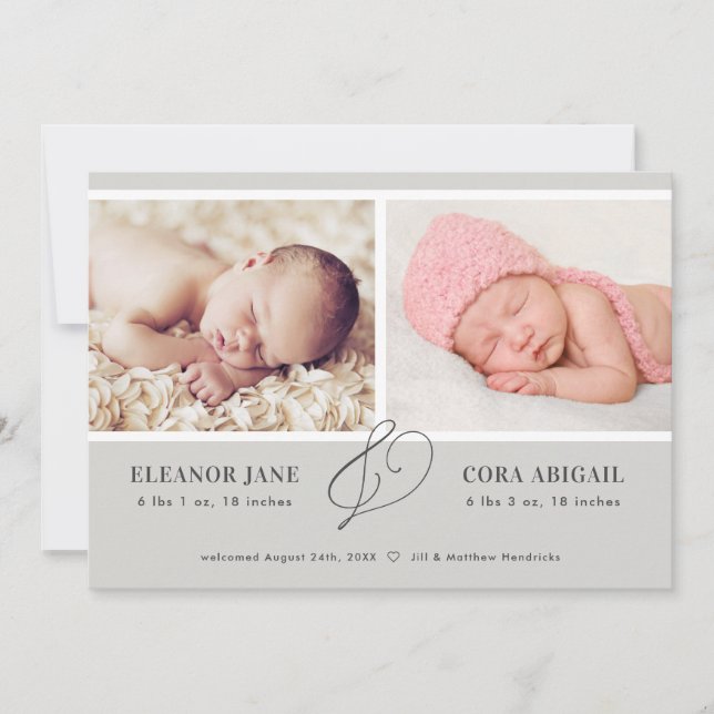 Faire-part de naissance moderne gris Twins (Devant)