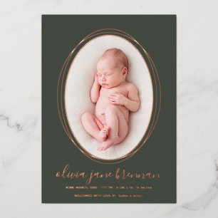 Faire-part de naissance ovale en or rose moderne