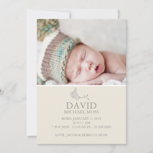 Faire-part de naissance photo | Annonceur d'oiseau (Devant)