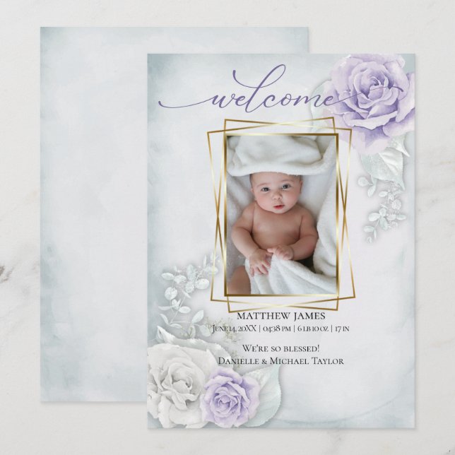 Faire-part de naissance photo bébé Blue Lilac Flor (Devant / Derrière)