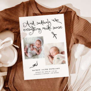Faire-part de naissance photo blanc avec des noeud