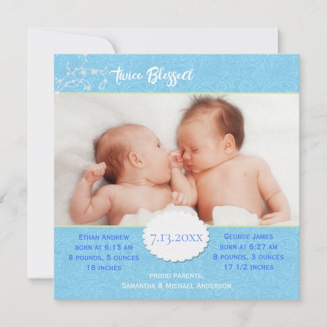 Faire-part de naissance photo bleu pour jumeaux (Devant)