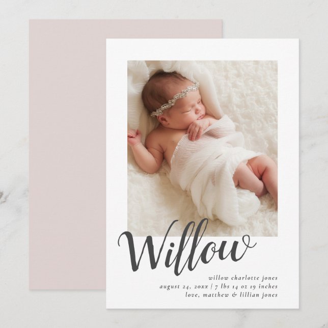 Faire-part de naissance photo Calligraphie simple (Devant / Derrière)