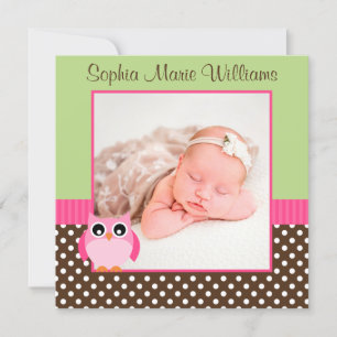Faire-part de naissance photo Chouette verte rose