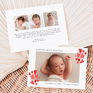 Faire-part de naissance photo Coeurs rouges mignon