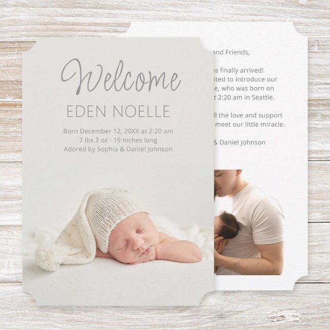 Faire-part de naissance photo de script élégant et (Modern gray script Welcome 2 photo birth announcement flat card with shaped corners.)