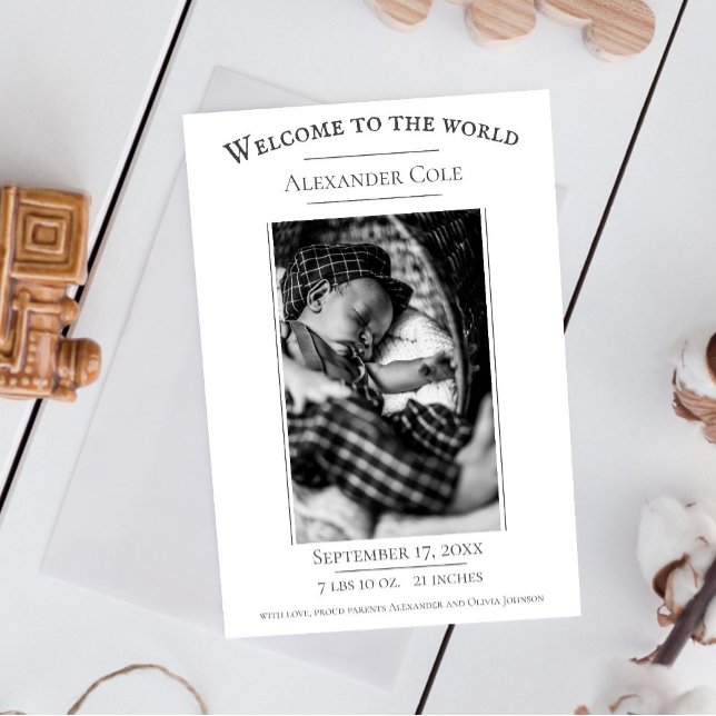 Faire-part de naissance photo minimaliste blanc (White Minimalist Photo Birth Announcement)