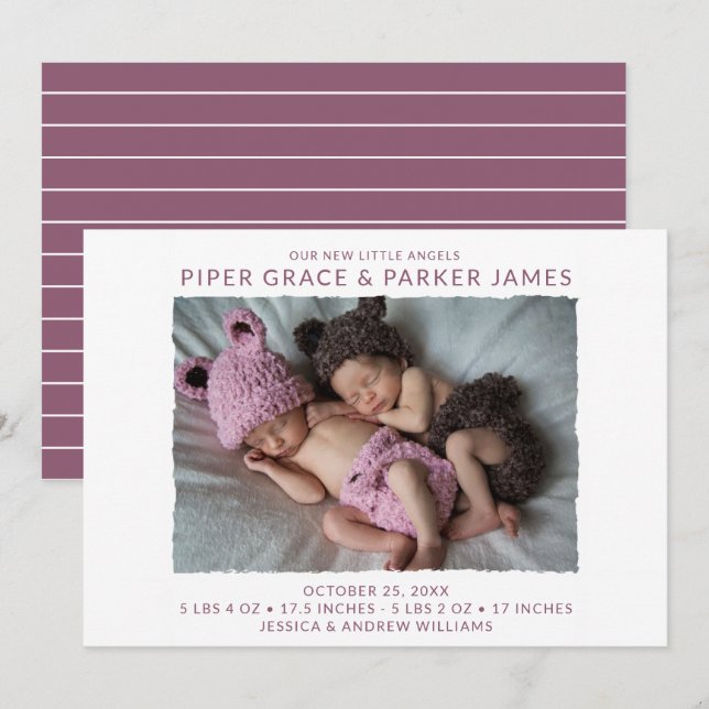 Faire-part de naissance photo moderne Twin (Devant / Derrière)