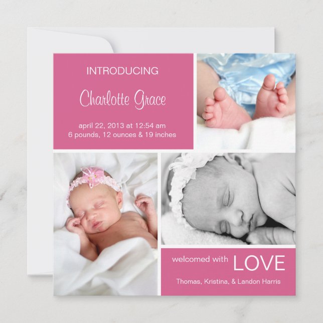 Faire-part de naissance photo multiple//rose Fuchs (Devant)