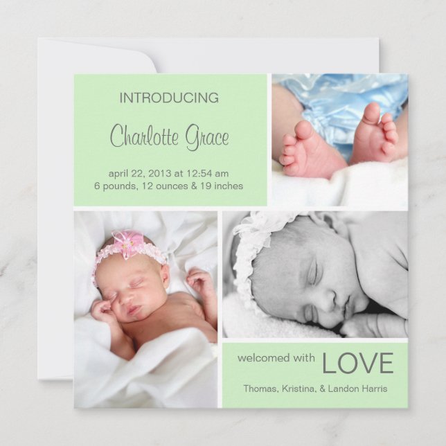 Faire-part de naissance photo multiple//Vert clair (Devant)