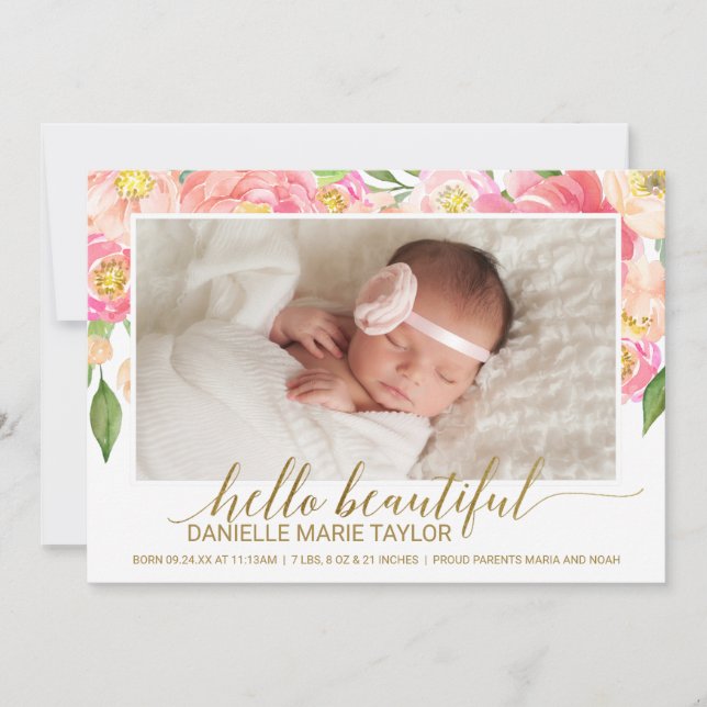 Faire-part de naissance photo Peach & Pink Peony (Devant)