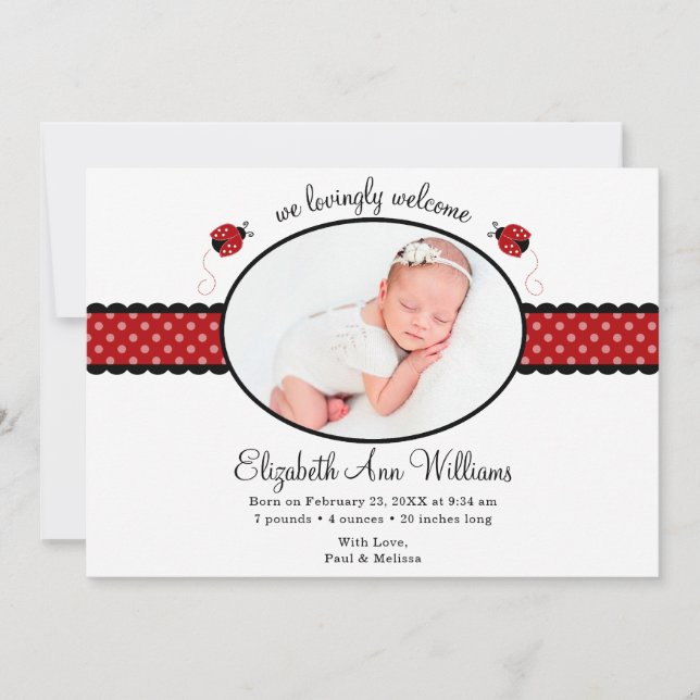 Faire-part de naissance photo Red Ladybug Polka (Devant)