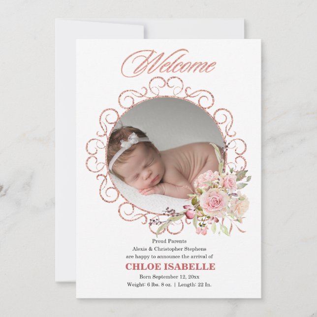 Faire-part de naissance photo rose Gold Floral Wre (Devant)