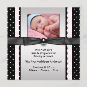 Faire-part de naissance photo rose noir Polka Dot
