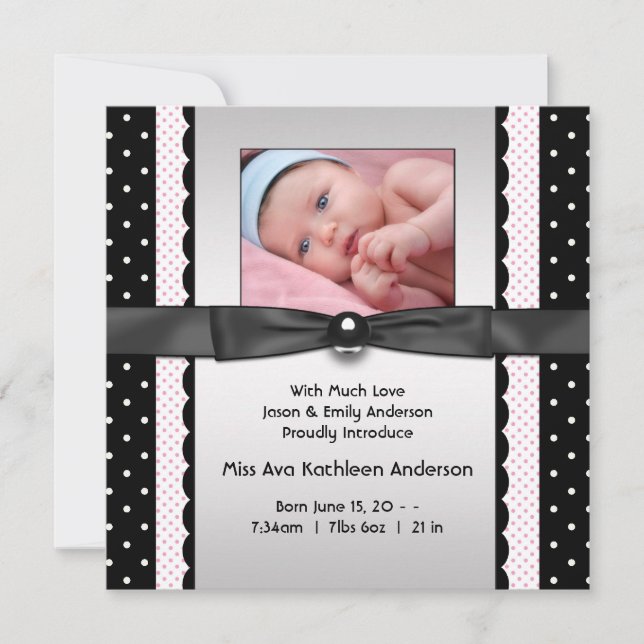 Faire-part de naissance photo rose noir Polka Dot  (Devant)