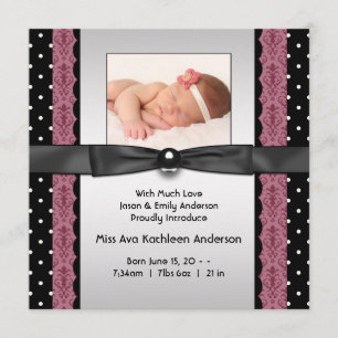 Faire-part de naissance photo rose noir Polka Dot