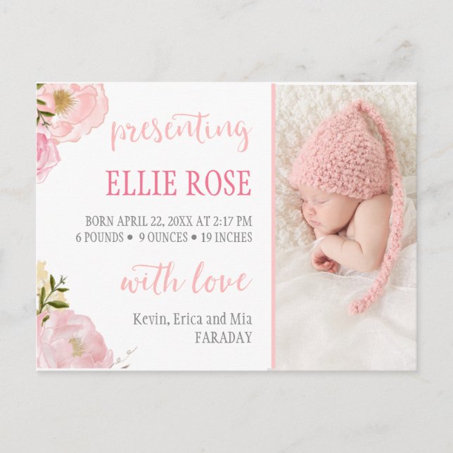 Faire-part de naissance photo roses aquarelle rose (Devant)