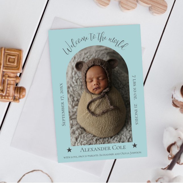 Faire-part de naissance photo turquoise simple Arc (Teal Simple Arch Frame Photo Birth Announcement)