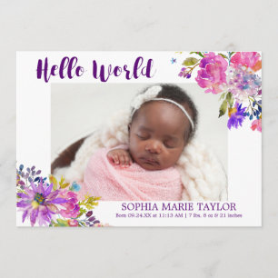 Faire-part de naissance photo violet rose et bleu