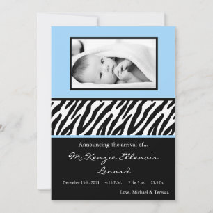faire-part de naissance PHOTO Zèbre bleu noir 5x7
