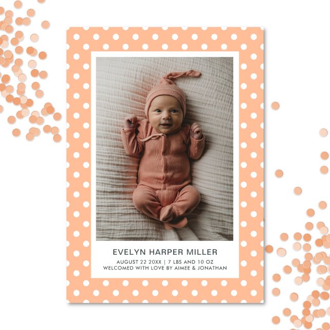 Faire-part de naissance pois moderne carte pêche (Polka dot birth announcement card in peach)