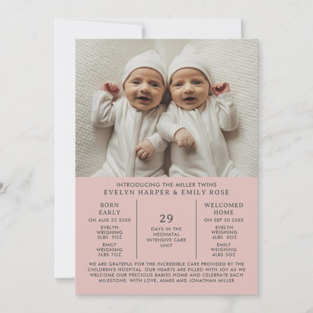 Faire-part de naissance Preemie Twins NICU Pink Ca (Devant)