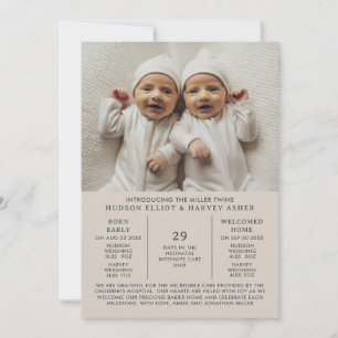 Faire-part de naissance Preemie Twins NICU Taupe C