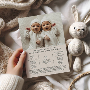 Faire-part de naissance Preemie Twins NICU Taupe C